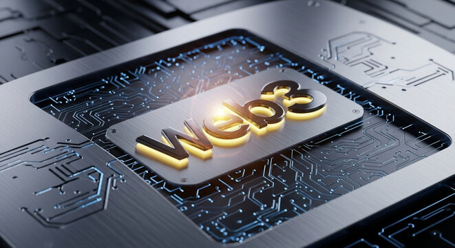 A glowing golden Web3 inscription rests upon the intricate metallic surface of a powerful computer microchip motherboard, representing the future of decentralized internet technology systems