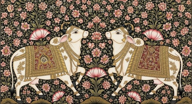 Intricate Indian Miniature Painting of Two Embellished Cows Amidst Floral Patterns.