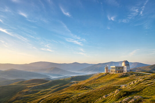Modern observatory building in rolling hills landscape under clear sky, science and research concept