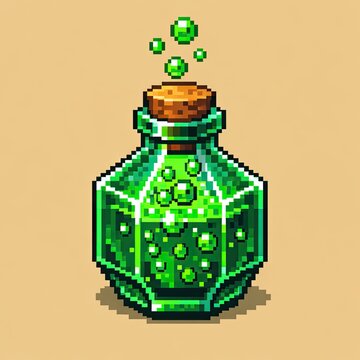 Pixelated sparkling poison flask with floating green bubbles on beige background
