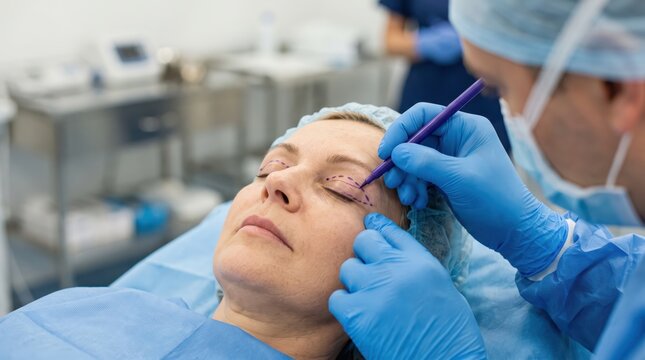 Plastic surgeon marking a female patient&rsquo;s eyelid before blepharoplasty, demonstrating precise preoperative planning for cosmetic eye surgery.