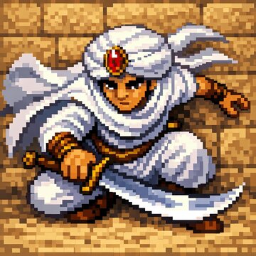 Retro arcade Saracen swordsman character graphic for action platformer game