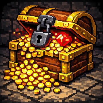 Pixel art treasure chest reveals coins, jewel, and heavy iron lock 