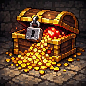 Ancient dungeon loot chest bursting with riches in retro game style 