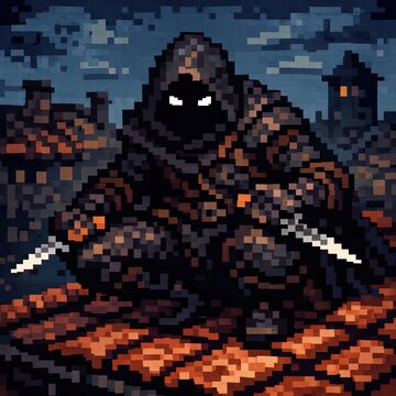 Dark cloaked killer emerges from smoke and fire in nostalgic game style 