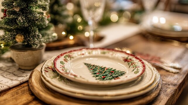 Festive holiday table setting with elegant ceramic plates featuring a Christmas tree design, creating a warm and inviting seasonal dining atmosphere