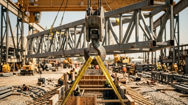 Gantry crane hook lifting a prefabricated steel truss above concrete forms with yellow sling straps