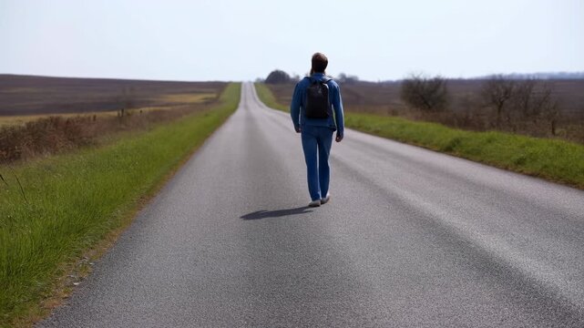 Bearded man walking along empty straight country road with backpack toward distant horizon under overcast sky, with male, beard, backpack, denim detail, showing jean, jacket, walking, stride context