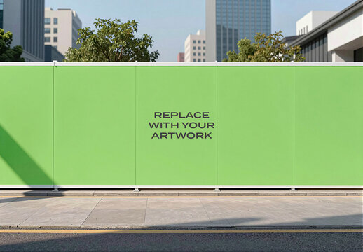Construction hoarding mockup with placeholder text for artwork, urban street scene featuring modern buildings, trees, sidewalk, and road, Template