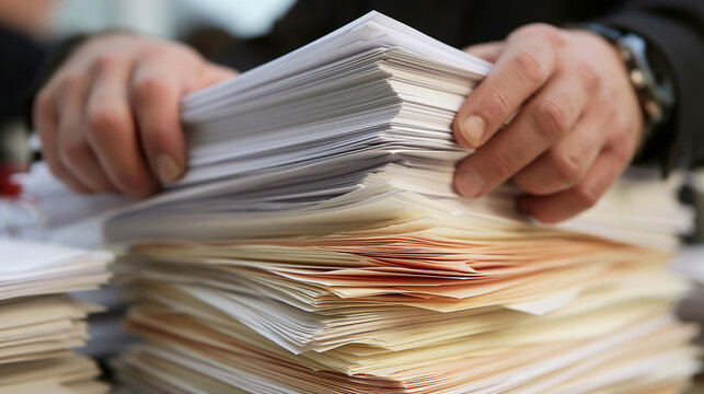 stack of documents on desktop, office
