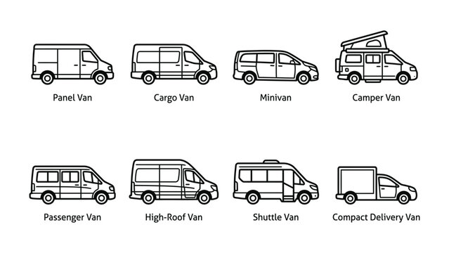 Variety of Van Types: An illustration showcasing different types of vans, including panel van, cargo van, minivan, camper van, passenger van, high-roof van, shuttle van, and compact delivery van.