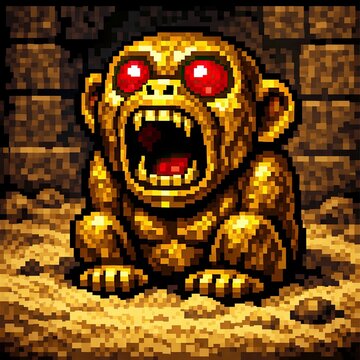 Grotesque goblin statue bares huge fangs in nostalgic fantasy pixel art 