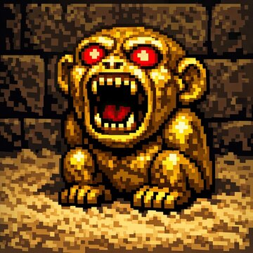 Sinister pixel art idol evokes a secret monster encounter from classic adventures
