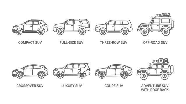 Various SUV Models: A graphic collection showcasing different types of sport utility vehicles, from compact and full-size to off-road and luxury variants, illustrating automotive diversity and design.