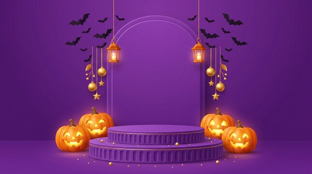 Halloween podium display with glowing pumpkins lanterns and bats on a purple background for product presentation