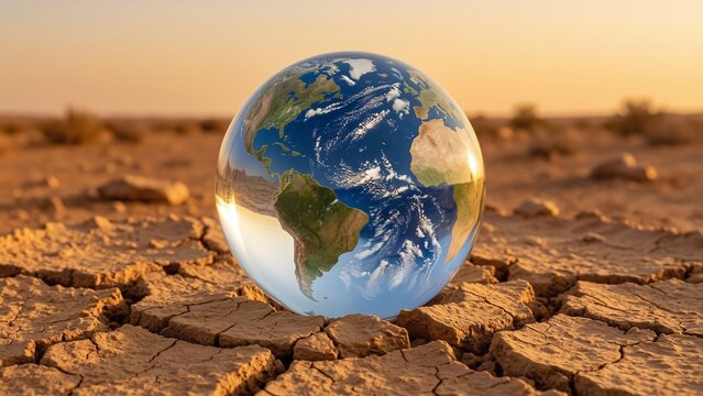 Environment - Glass globe with earth map on cracked dry earth ground climate change