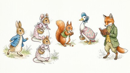Fototapeta premium Vintage Watercolor Illustration of Anthropomorphic Forest Animals in Classic Storybook Style with Rabbit, Fox, and Mice