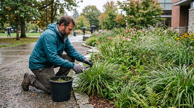 Gardener prunes sedges in a civic rain garden
