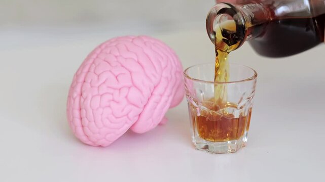 Pink brain beside a shot glass, illustrating the effects of alcohol on the brain, cognitive function, mental health, addiction and neurological damage.