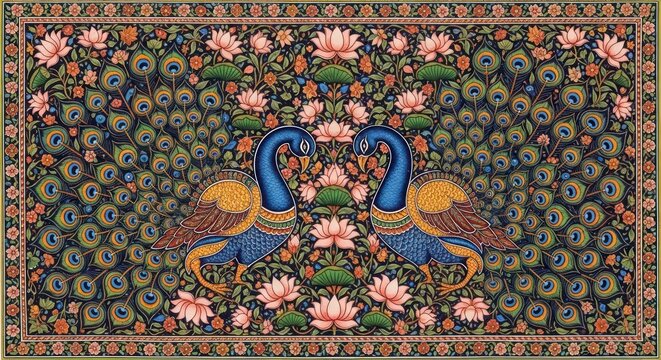 Intricate Indian Miniature Painting of Two Peacocks Amidst Floral Designs.