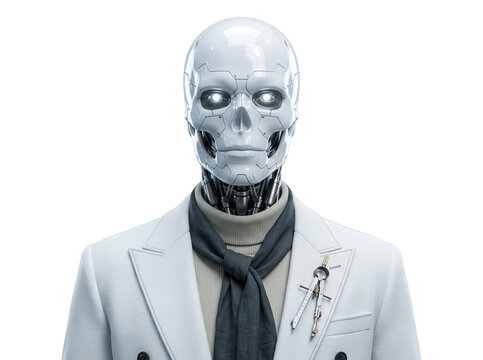 Primo piano di un sofisticato robot umanoide con un volto metallico a forma di teschio e occhi luminosi, che indossa un elegante blazer bianco, una sciarpa scura e una bussola appuntata sul bavero,