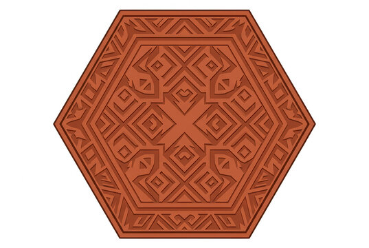 Un elegante ornamento esagonale con intricati motivi geometrici in stile etnico color terracotta, caratterizzato da un design simmetrico in rilievo su sfondo bianco, ideale per decorazioni grafiche.