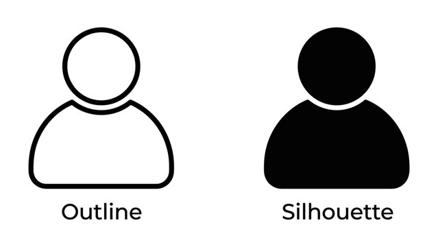 Person Icon Outline and Silhouette: Two simple graphic representations of a person, one as a clean outline and the other as a solid black silhouette, symbolizing user profiles and identity.