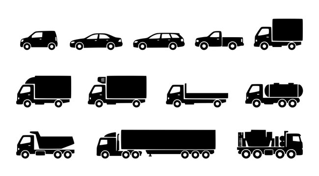 Cars and Cargo Trucks Transportation Black Silhouette Vector Icon Set
