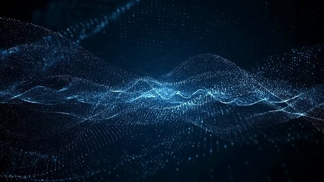 Cyan particle field forming bright midline ridge across layered wave surfaces against dark navy background, with technology, particle, digital, data detail, showing wave, network, grid, point context