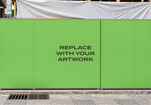 Construction hoarding mockup with placeholder text displayed on a city sidewalk, realistic wall art presentation for branding and advertising, Template