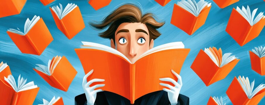 Surprised reader immersed in a bright illustration of flying books and imaginative learning