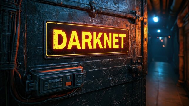 Close-up of a reinforced door in an industrial setting with "DARKNET" sign and security features, ideal for cybersecurity-themed content.