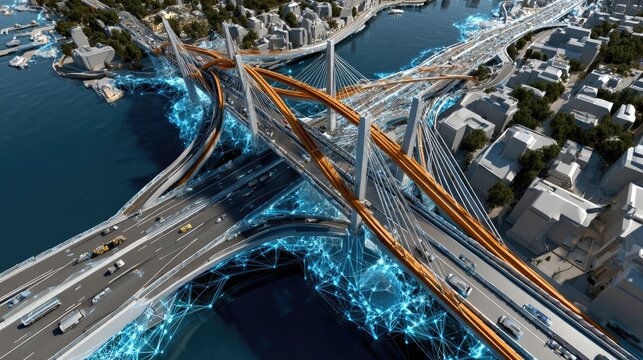 Futuristic Urban Interchange: A high-tech, multi-level highway interchange connects a modern city with advanced infrastructure, illuminated by glowing blue digital networks.
