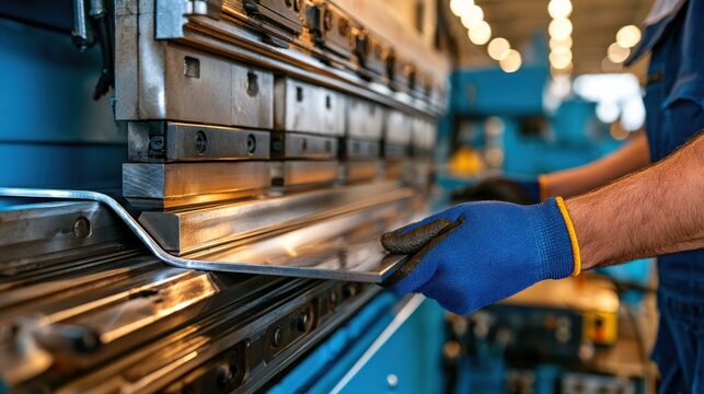 Factory worker bending sheet metal on press brake with precision, showcasing industrial manufacturing process.