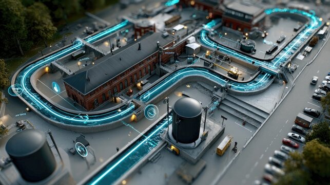  Futuristic Railway Hub: An aerial view showcases a modern railway station integrated with glowing blue energy conduits, symbolizing advanced transportation and connectivity.