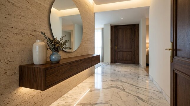 Modern Hallway Interior Design with Floating Console, Mirror, and Marble Floor