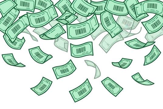 Illustrazione vettoriale di banconote verdi stilizzate con codici a barre che cadono dall'alto su uno sfondo bianco, rappresentando concetti di ricchezza, risparmio, commercio e successo finanziario.