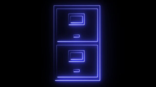 A glowing blue neon icon of a two-drawer filing cabinet against a dark background.