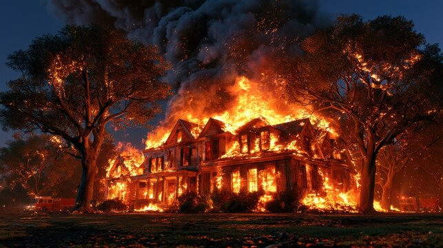 Nighttime wildfire engulfs a suburban house, ablaze with intense flames, surrounded by burning trees and emergency vehicles.