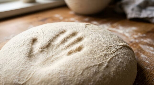 A clear impression of a human hand is visible in the center of a round ball of raw bread dough. The dough sits on a floured wooden surface in a bright kitchen