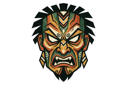 Illustrazione vettoriale stilizzata di una maschera tribale polinesiana Tiki con espressione feroce, dettagli decorativi geometrici, colori caldi e contorni neri marcati su uno sfondo bianco isolato.