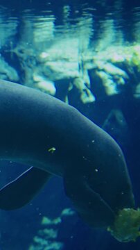 Manatee eating lettuce swimming underwater