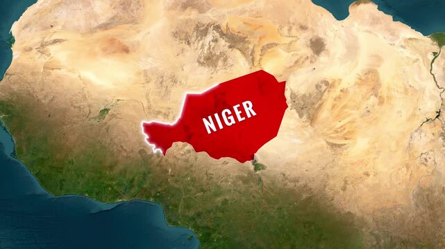 Red highlighted map of the country of Niger showing national borders and flag animation video