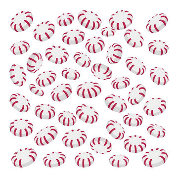 Un motivo ripetitivo di caramelle alla menta rotonde con strisce rosse e bianche, distribuite in modo casuale su uno sfondo bianco puro, ideale per design festivi, confezioni o progetti creativi.