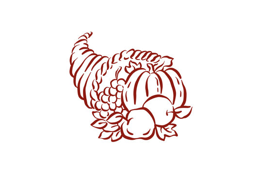 Hand drawn traditional thanksgiving cornucopia horn of plenty outline illustration art Design