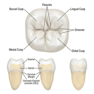 Detailed tooth anatomy showing enamel dentin pulp and chewing surface with labeled parts.