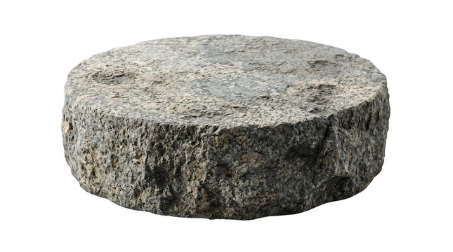 Podio circolare in pietra grigia naturale con texture ruvida e dettagli realistici, isolato su sfondo bianco per esposizione di prodotti e mockup.
