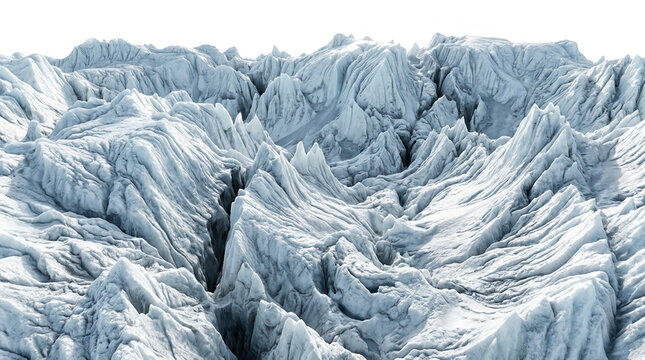 Veduta aerea ravvicinata di un ghiacciaio tridimensionale con crepacci profondi, picchi frastagliati e texture di ghiaccio dettagliata su sfondo bianco.