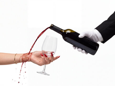 A Surreal luxury wine pouring scene with spilled red wine missing crystal glass