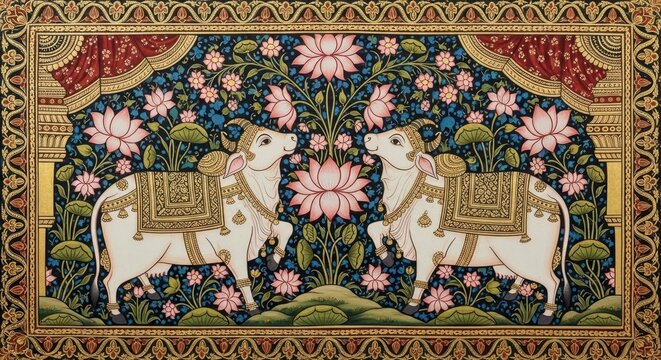 Intricate Indian Miniature Painting of Two Sacred Cows Adorned with Ornate Decorations.